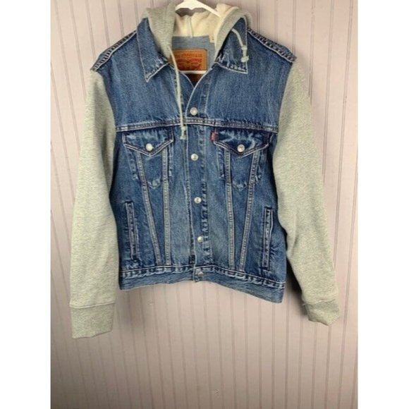 Levi Size S Mens Denim Jean Jacket Hoodie Sweatshirt Sleeves Hood